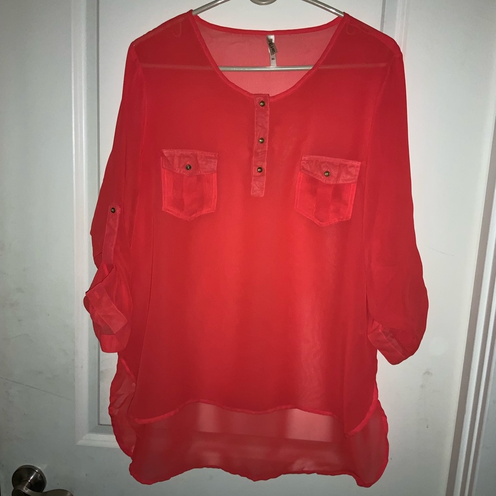 Neon orange - see through - 3 button w pockets blouse - size XL - HIGH LOW TUNIC